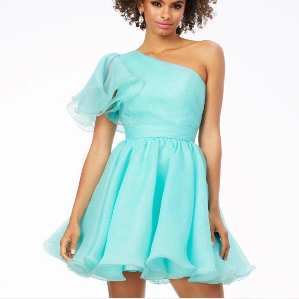 One-Shoulder Aqua Mini Dress